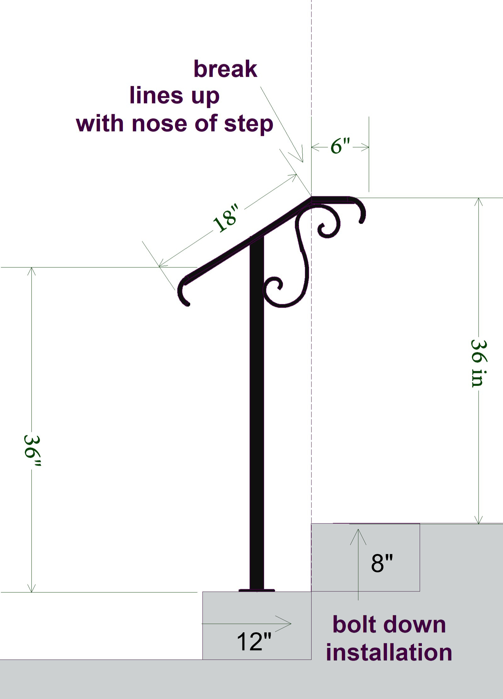 One POst Rail installed by bolting to surface of a stair. The drawing is technical, with some measurment details.